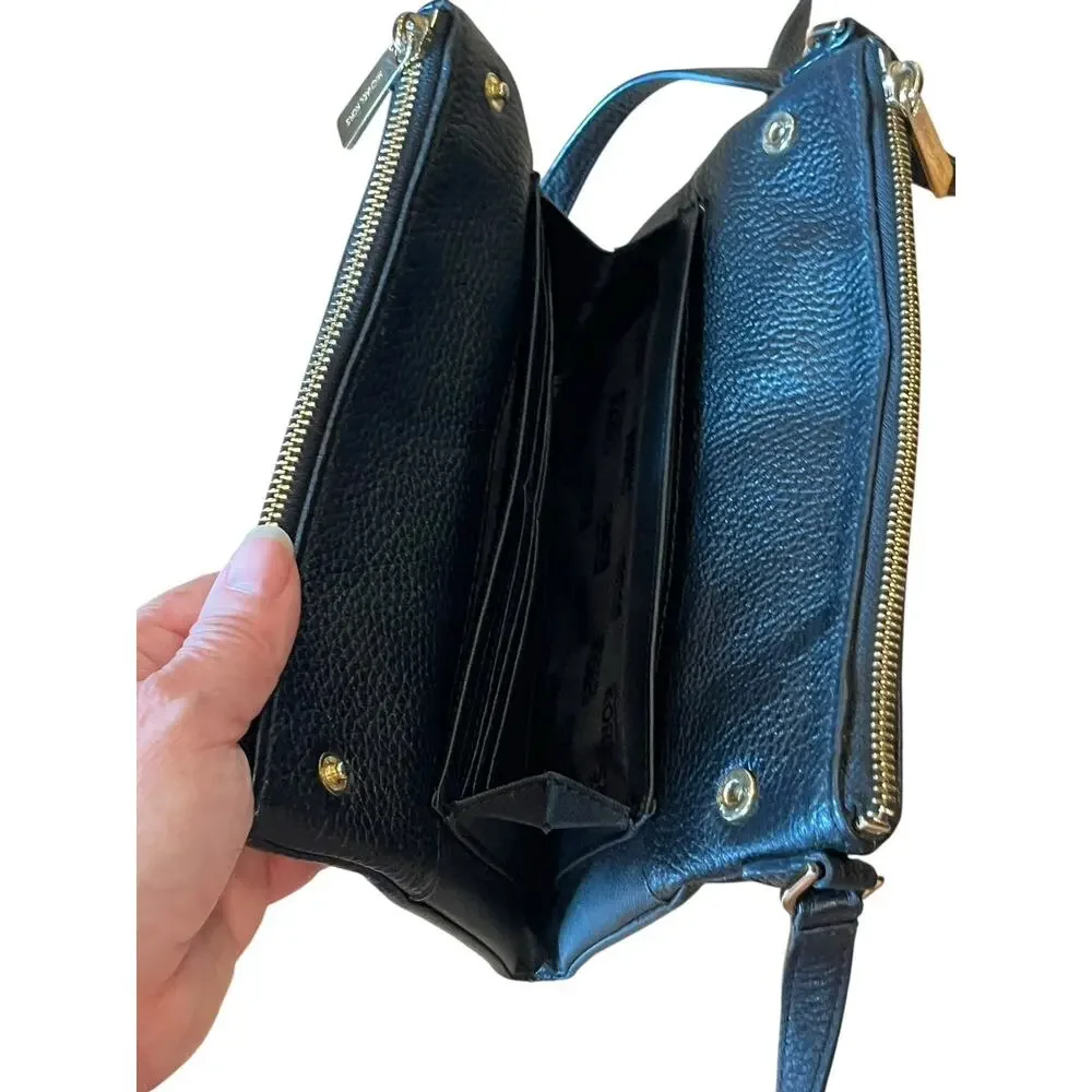 Michael Kors Black Pebbled Leather Shoulder Bag Crossbody Zip Purse Gold MK Logo